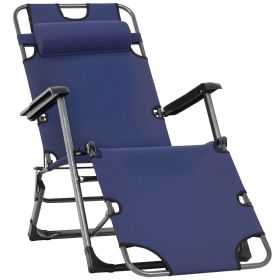 Folding Chaise Lounge Chair for Outside, 2-in-1 Tanning Chair with Pillow & Pocket, Adjustable Pool Chair for Beach, Patio, Lawn, Deck, Navy