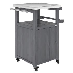 Outdoor Grill Cart with Stainless Steel Top, Solid Wood Outdoor Kitchen Island with Wheels, Integrated Hole, Dark Gray