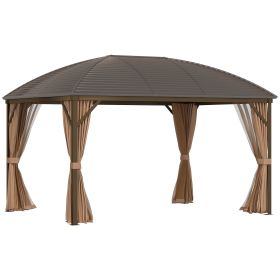 10' x 13' Hardtop Gazebo with Curtains, Netting, Pavilion with Steel Roof Ceiling Hook for Garden Patio, Brown (Option: Brown-2250x390x325 mm)