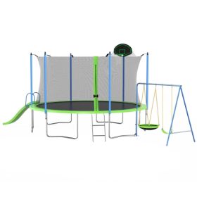 12FT Trampoline With Slide And Swings, ASTM Approved Large Recreational Trampoline With Basketball Hoop And Ladder,Outdoor Backyard Trampoline Wi (Color: Green)