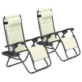 Zero Gravity Lounge Chair Set, 2 Pieces Reclining Folding Outdoor Lounge Chairs with Headrest Side Tray, Cream (Option: Cream White-880x225x660 mm)
