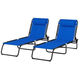 2 Folding Chaise Lounge Pool Chairs with 4-Position Reclining Back, Pillow, Breathable Mesh & Bungee Seat, Blue (Option: Light Blue-770x260x600 mm)
